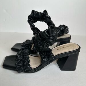 COPY - All Black Leather Sandals Crossover  Ruched Strap Block Heel Black Size:…